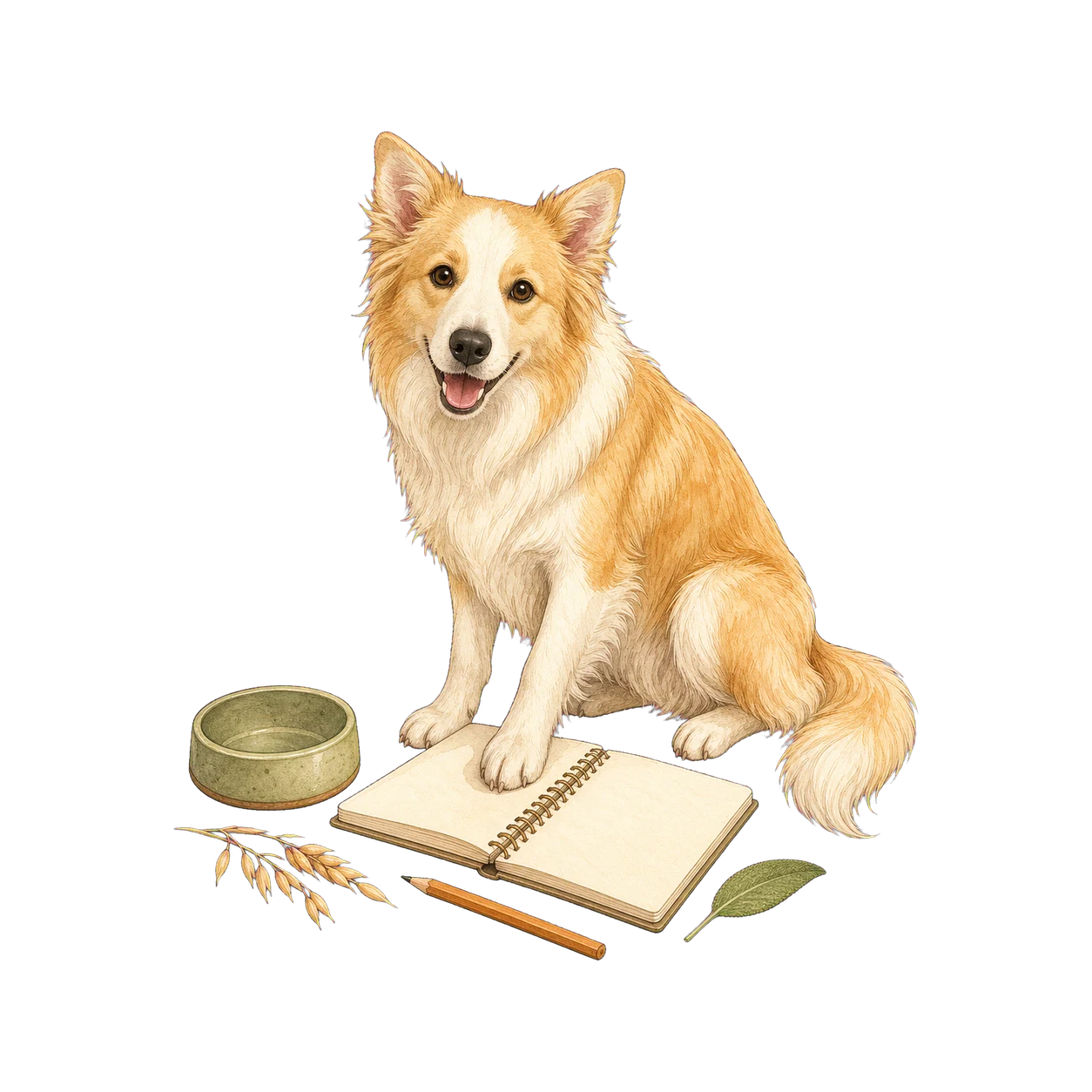 Golden and white border collie beside a nutrition notebook and bowl