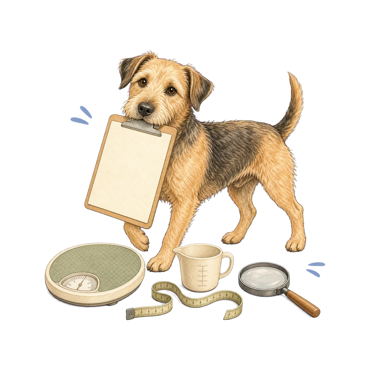 Scruffy terrier carrying a blank clipboard beside nutrition measuring tools