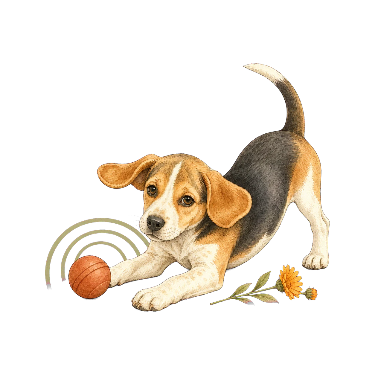 Beagle puppy playing beside a ball and growth rings
