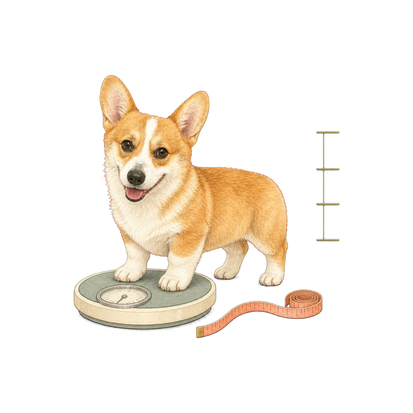 Corgi puppy standing with its front paws on a pet scale