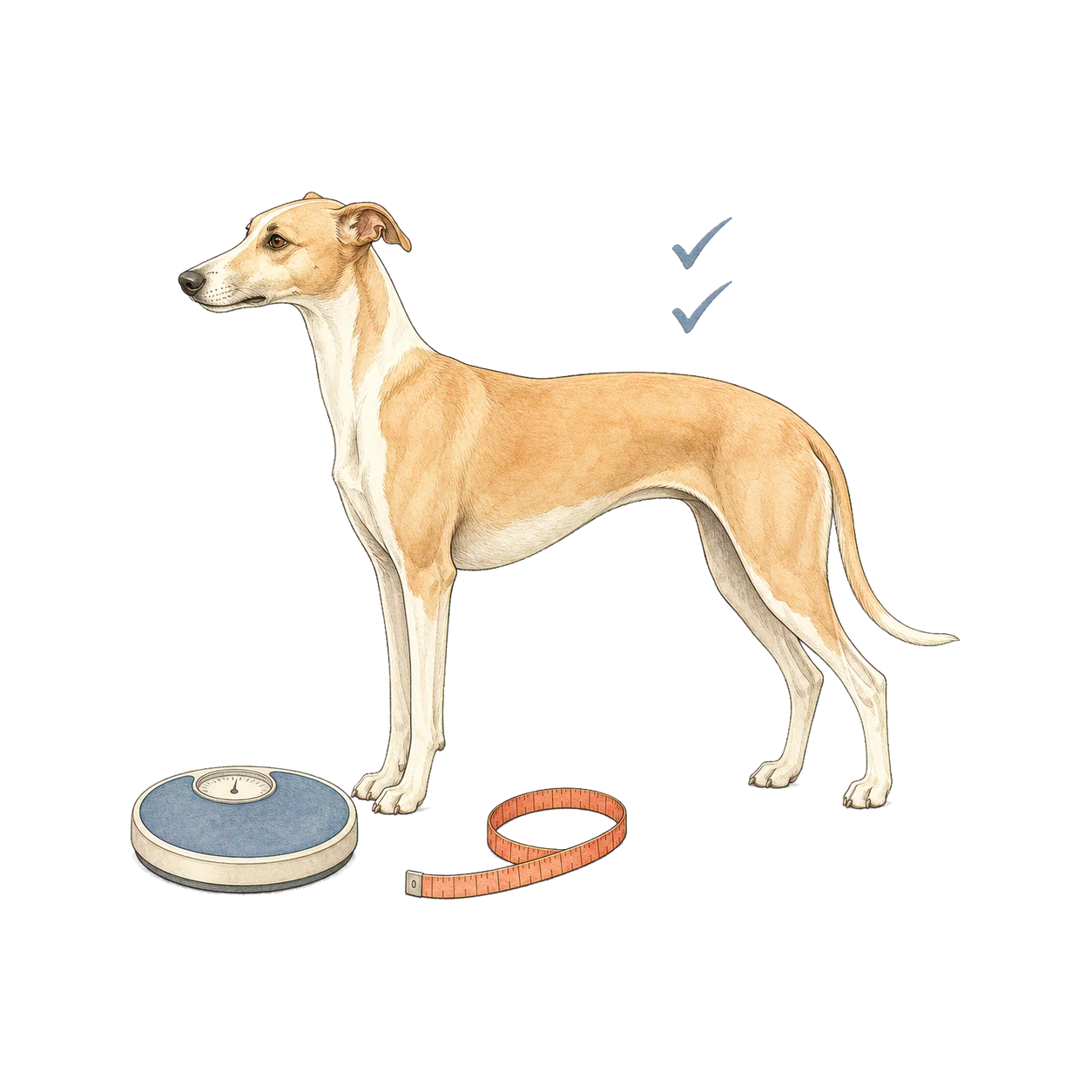 Whippet in side profile beside a scale and measuring tape
