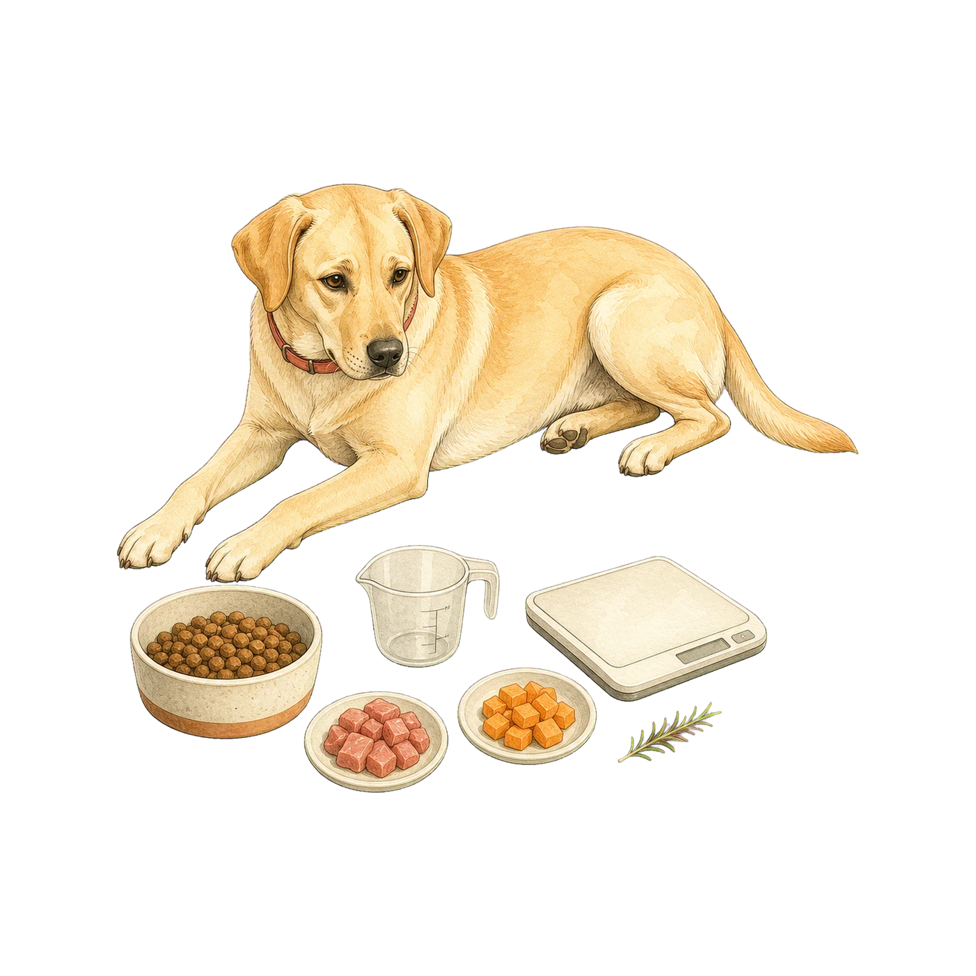 Labrador beside measured meal portions, a cup, and a kitchen scale