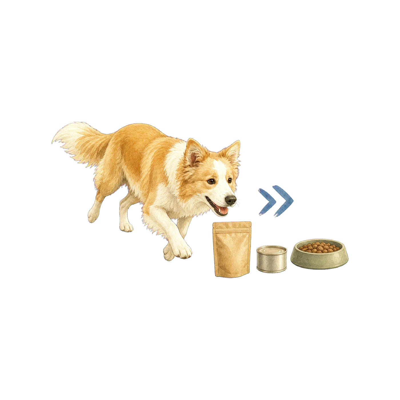 Border collie moving toward three different dog food formats