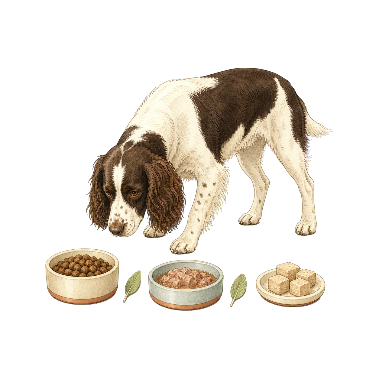 Springer spaniel comparing dry, wet, and freeze-dried dog food