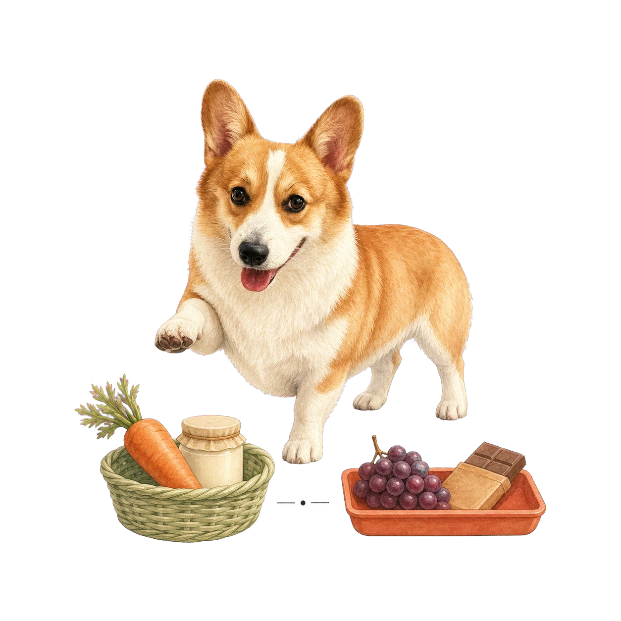 Corgi raising one paw between a safe food basket and an unsafe food tray