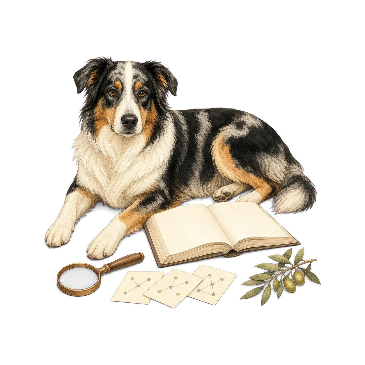 Australian shepherd beside an open research book, data cards, and magnifier