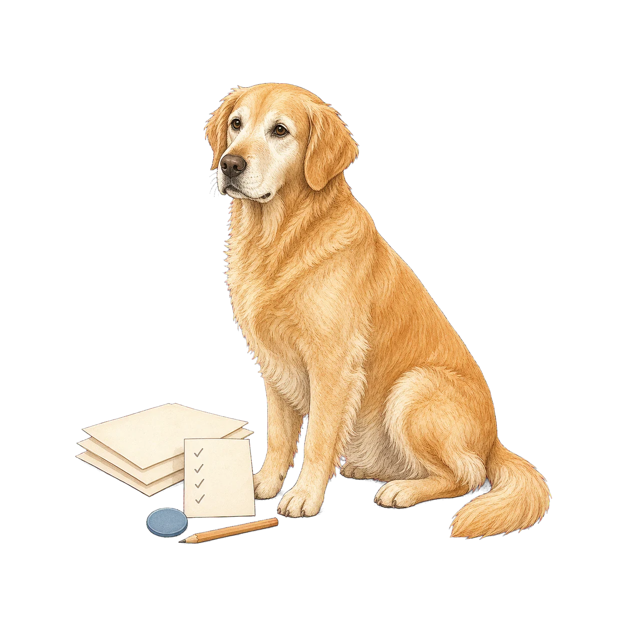 Senior golden retriever beside review papers and a blank checklist