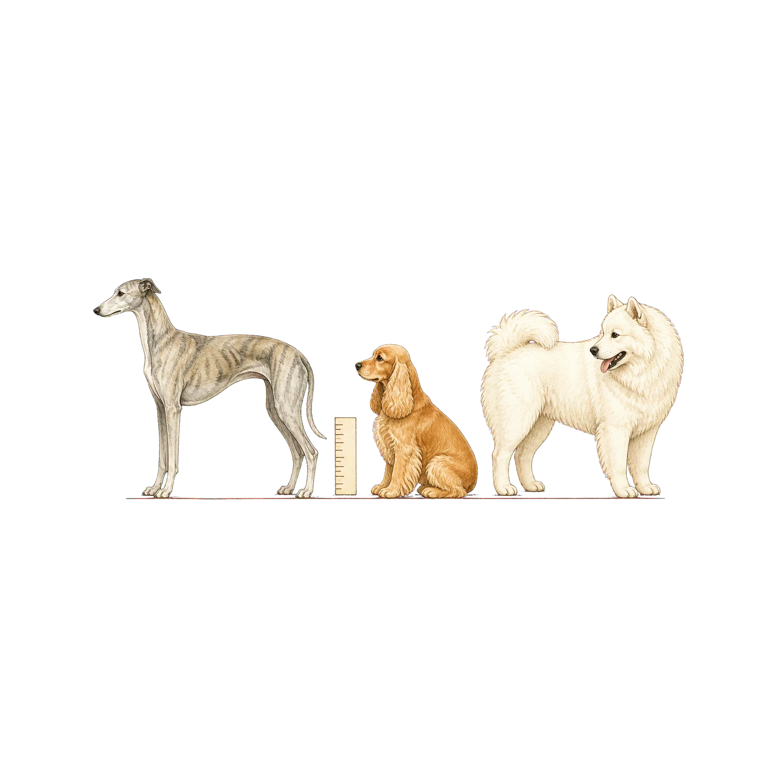 Greyhound, cocker spaniel, and Samoyed shown beside blank body-size reference cards