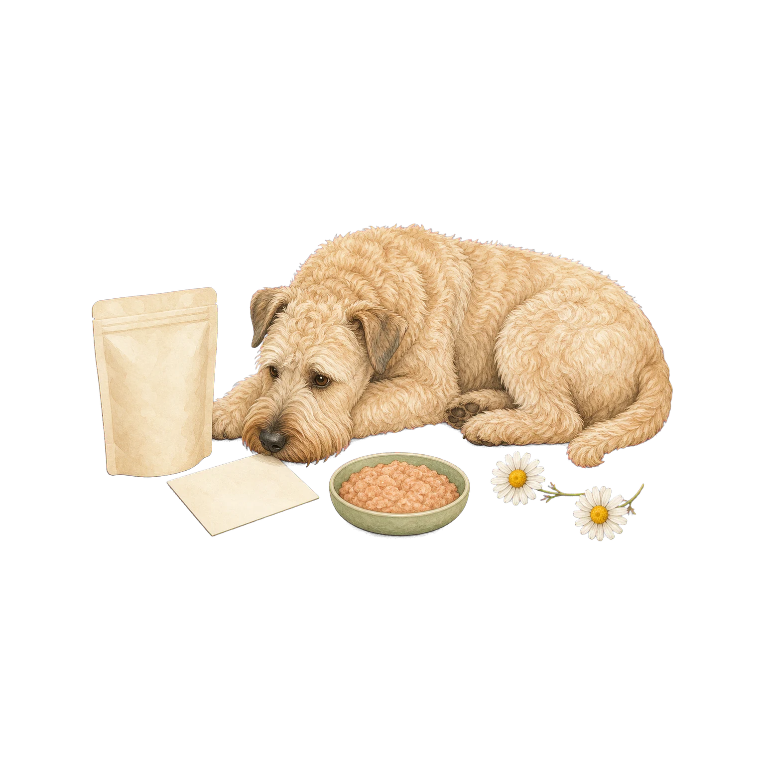 Wheaten terrier examining a simple food label beside a soft meal and chamomile