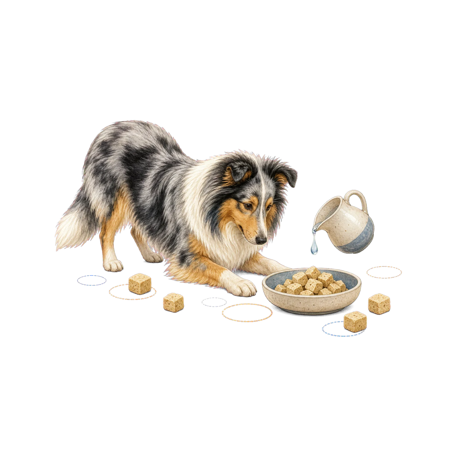Blue merle Sheltie watching water rehydrate freeze-dried dog food