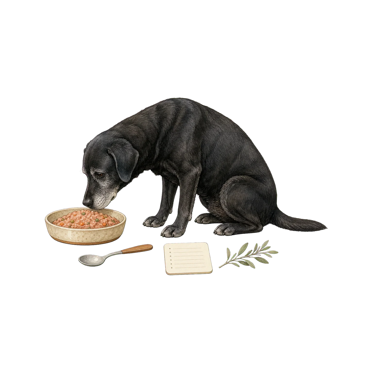 Senior black Labrador smelling soft dog food beside a texture spoon and calorie card