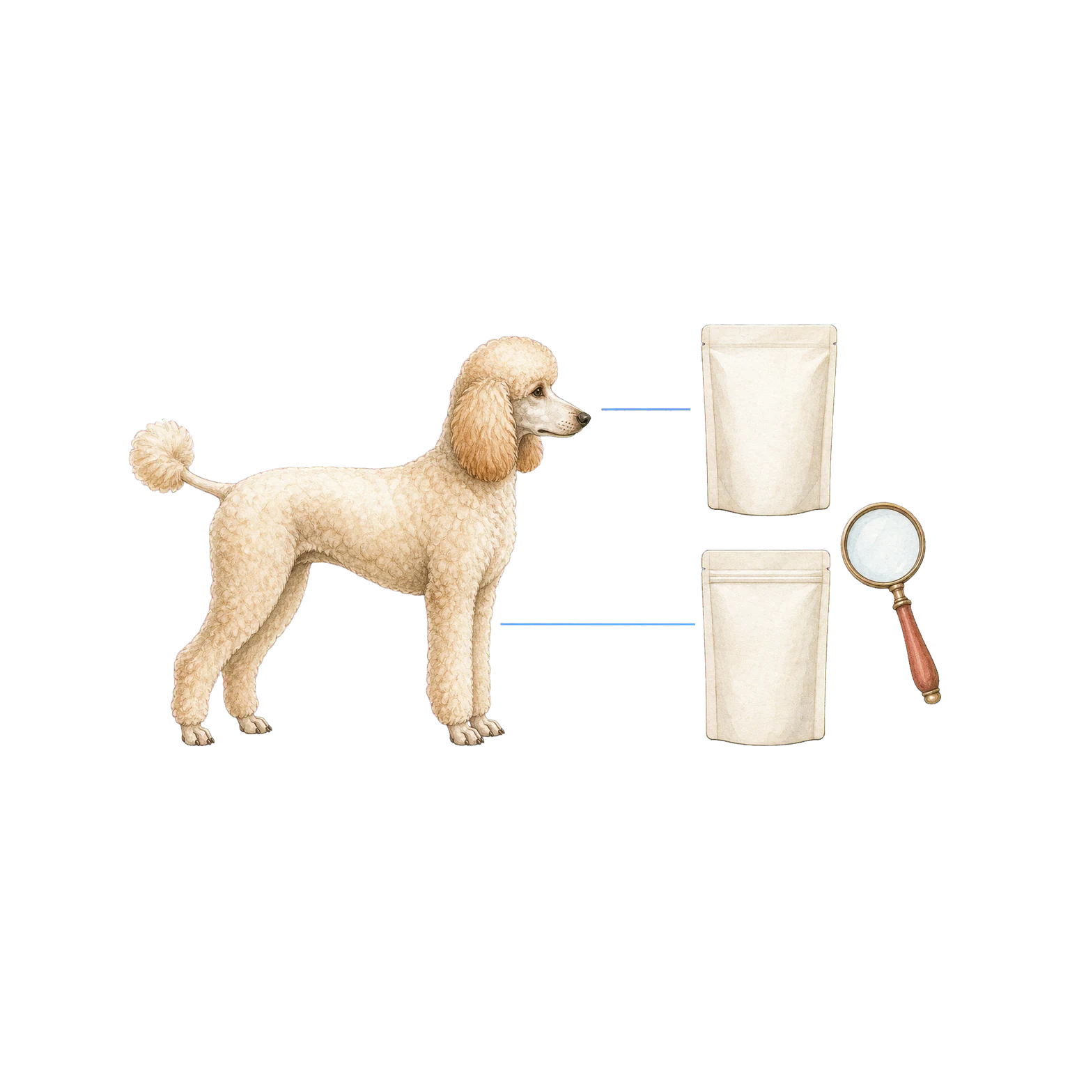 Standard poodle comparing the front and back of a blank dog food package