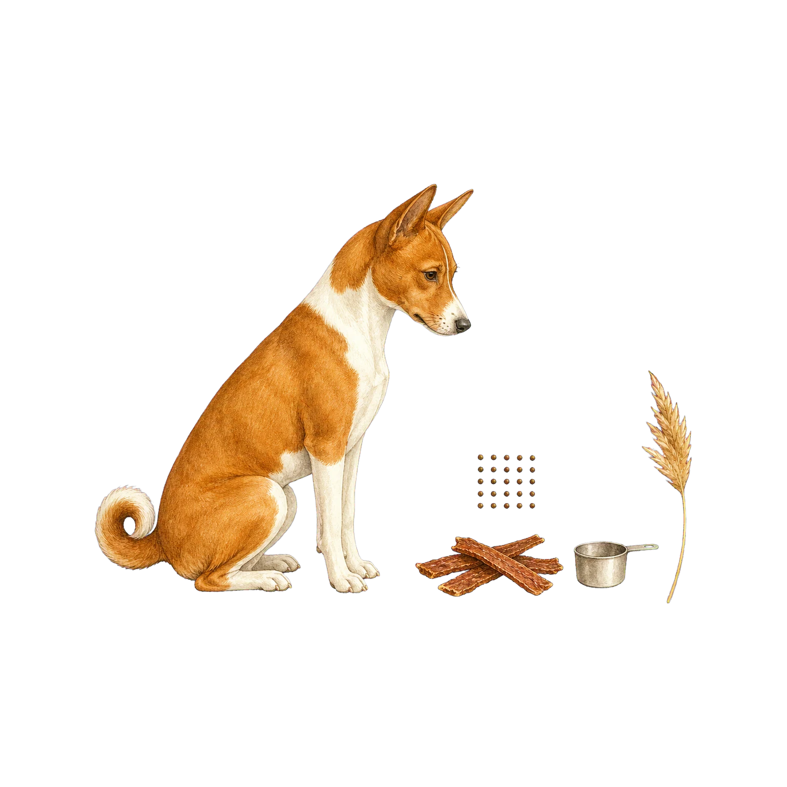 Basenji examining a small measured portion of dense air-dried dog food