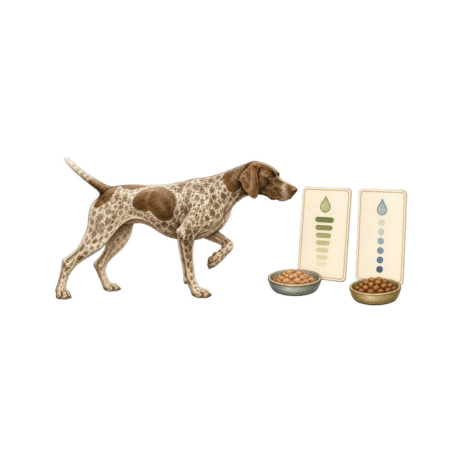 German shorthaired pointer indicating wet and dry food samples for comparison