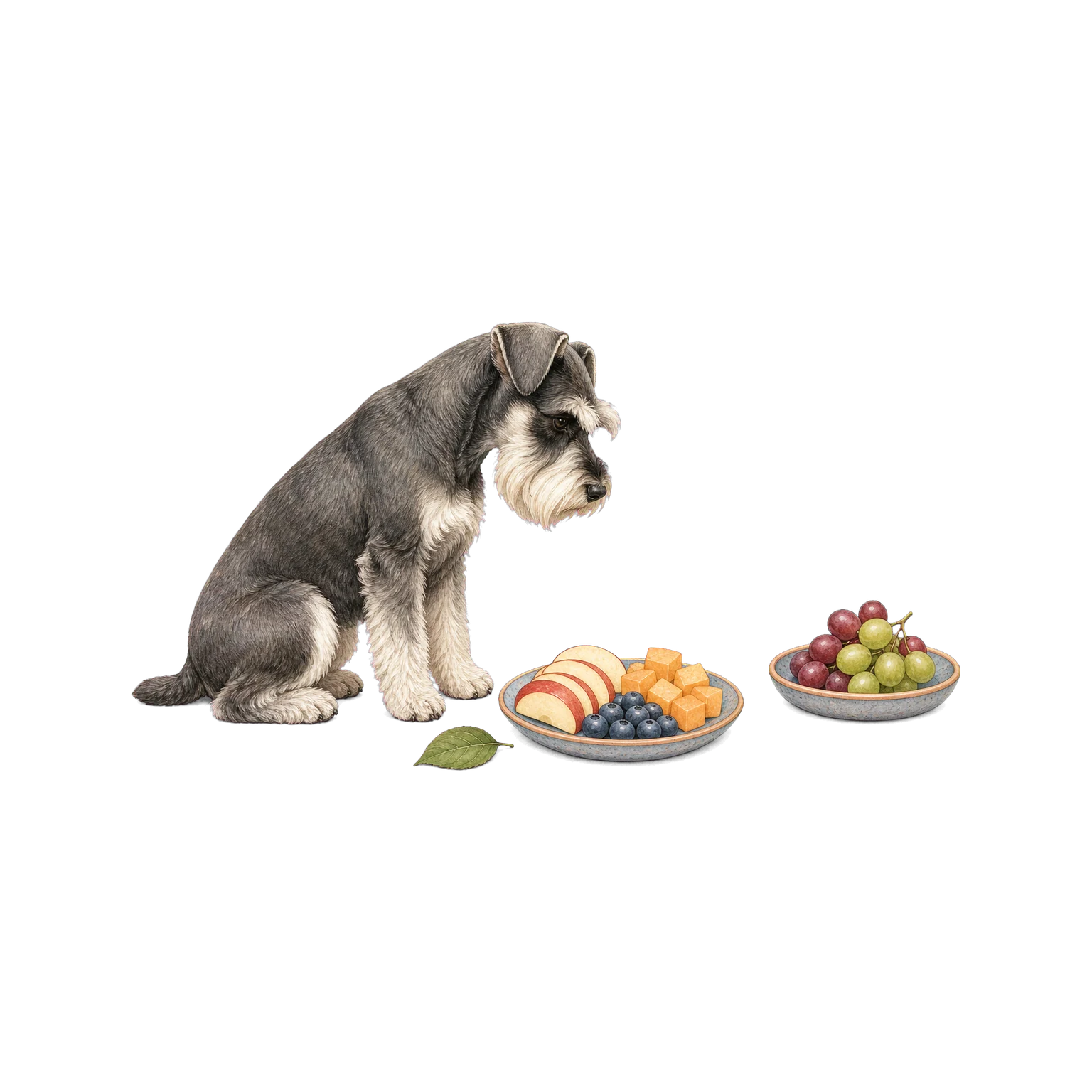 Miniature schnauzer beside prepared fruit with grapes separated on a warning dish