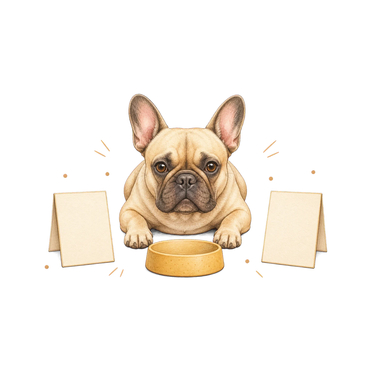 French bulldog lying between two ingredient cards and a single food bowl
