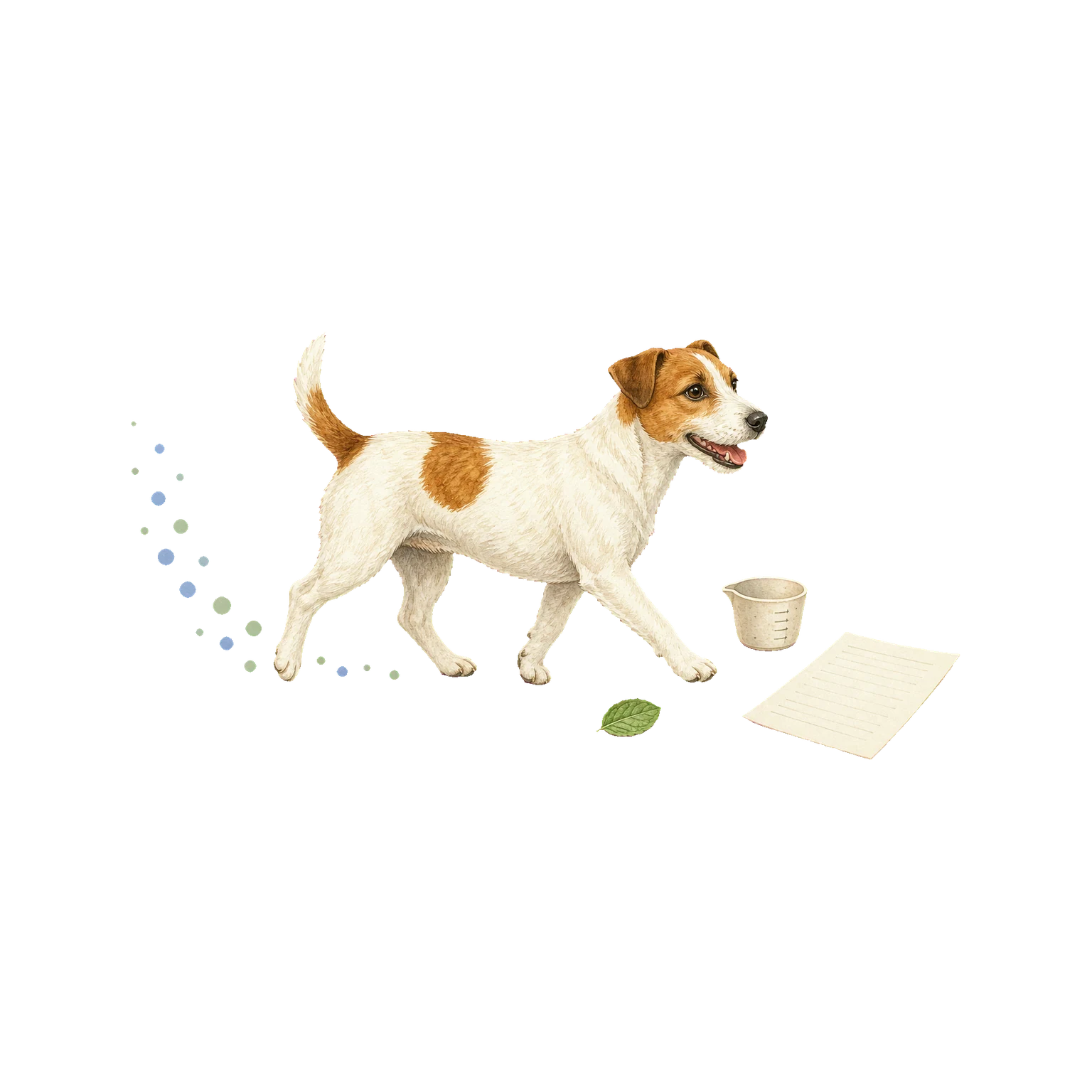 Healthy Jack Russell walking beside a measuring cup, weight record, and trend markers