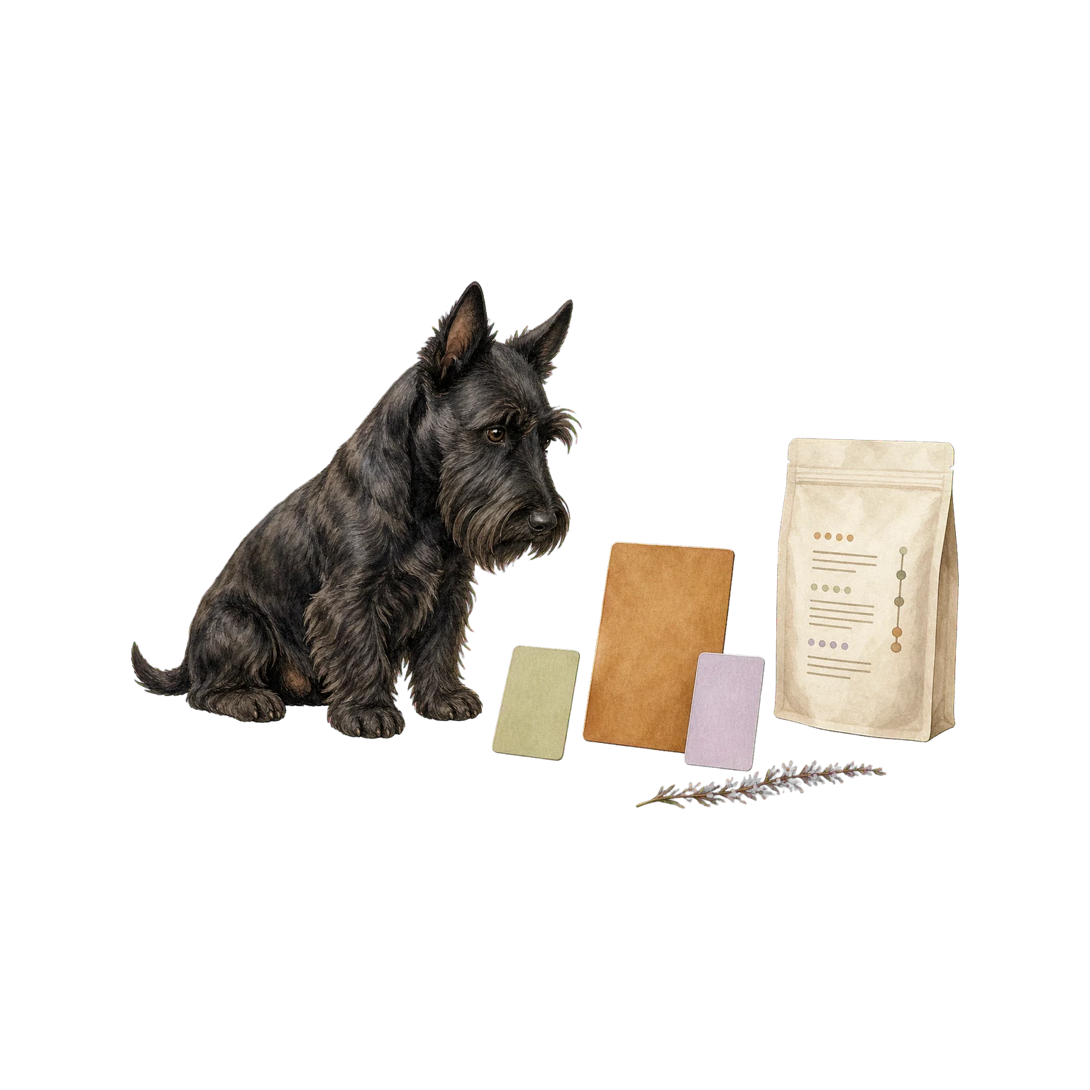 Scottish terrier comparing a main protein card with other protein-source cards