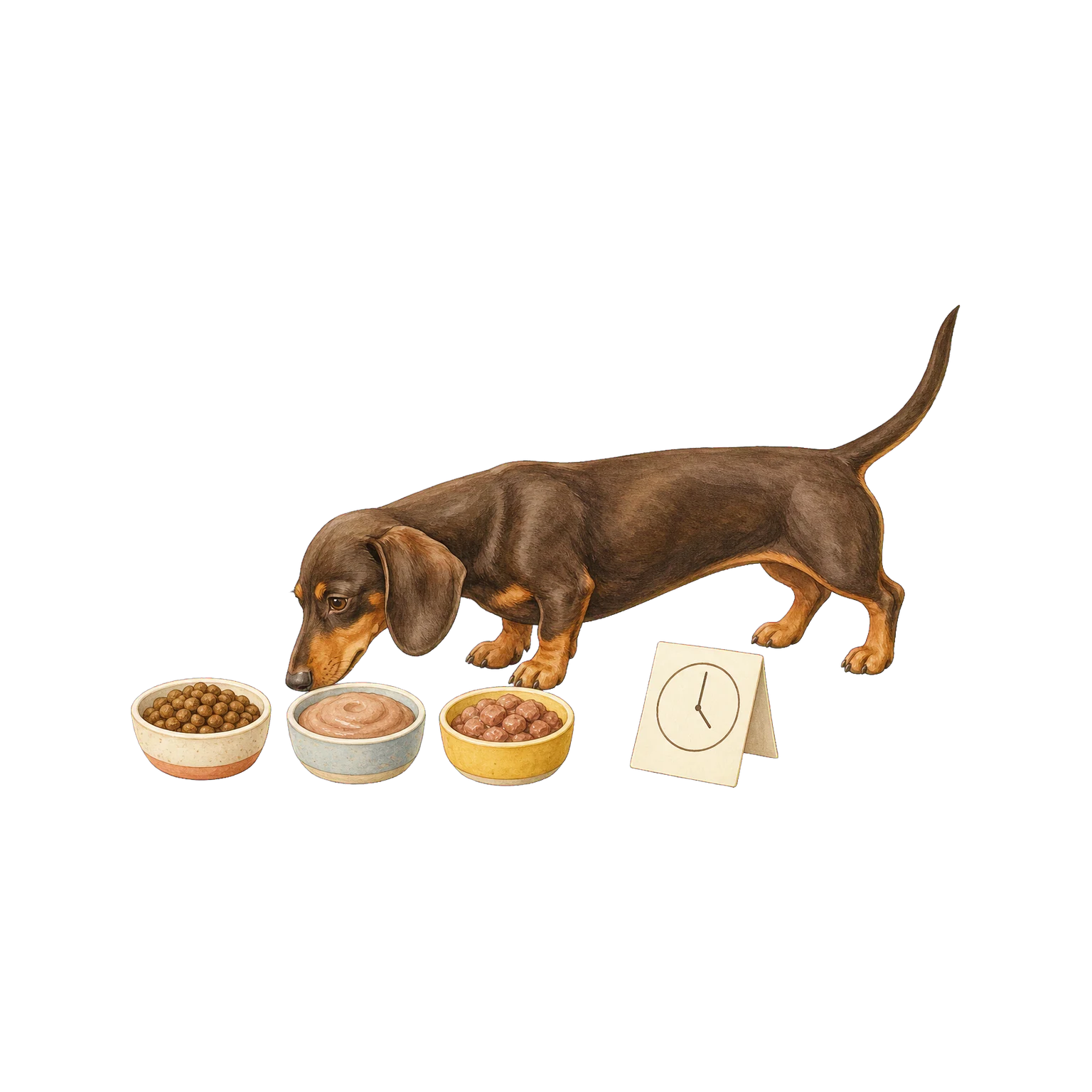 Dachshund smelling three dog food textures beside a feeding-time card